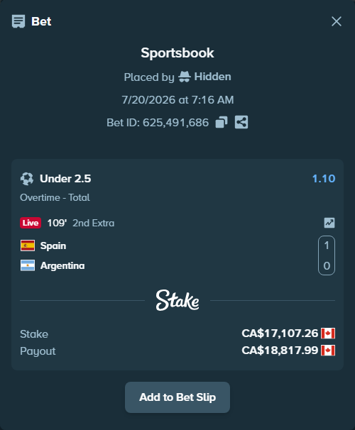 Bet slip: Spain - Argentina, $12,659.37 stake at 1.10 odds, placed by Hidden