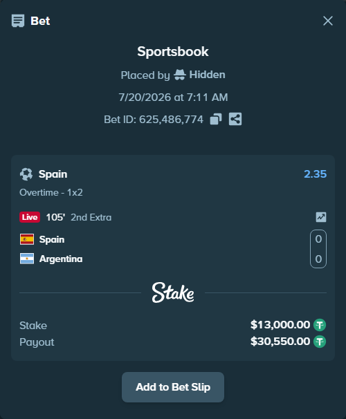 Bet slip: Spain - Argentina, $13,000.00 stake at 2.35 odds, placed by Hidden