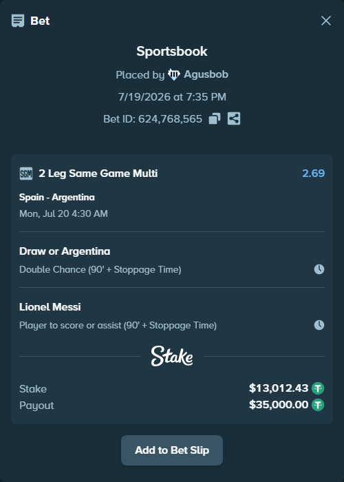 Bet slip: Spain - Argentina, $13,012.43 stake at 1.63 odds, placed by Agusbob