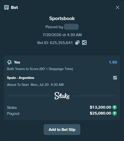 Bet slip: Spain - Argentina, $13,200.00 stake at 1.90 odds, placed by Rimmereid
