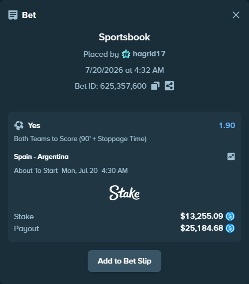 Bet slip: Spain - Argentina, $13,255.09 stake at 1.90 odds, placed by hagrid17