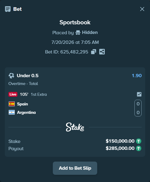Bet slip: Spain - Argentina, $150,000.00 stake at 1.90 odds, placed by Hidden