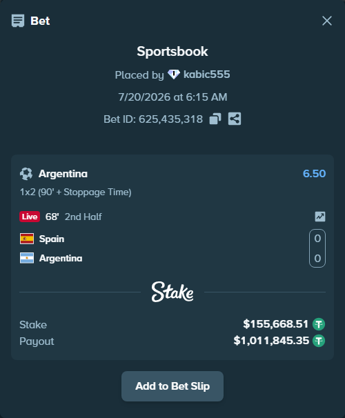 Bet slip: Spain - Argentina, $155,668.51 stake at 6.50 odds, placed by kabic555
