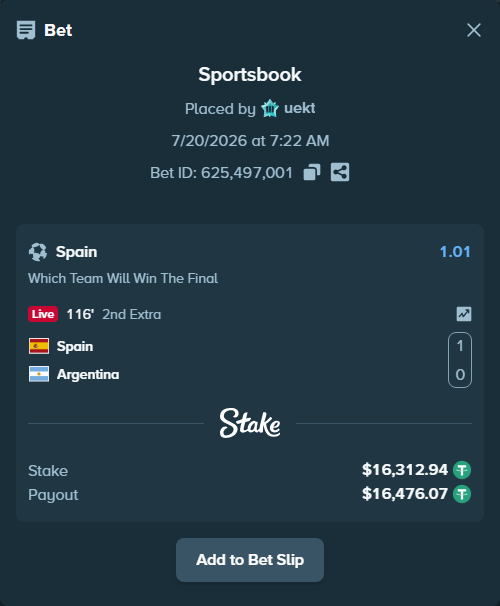 Bet slip: Spain - Argentina, $16,312.94 stake at 1.01 odds, placed by uekt