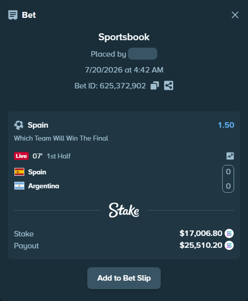 Bet slip: Spain - Argentina, $16,350.75 stake at 1.50 odds, placed by revernatural