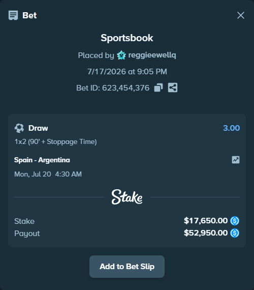 Bet slip: Spain - Argentina, $17,650.00 stake at 3.00 odds, placed by reggieewellq