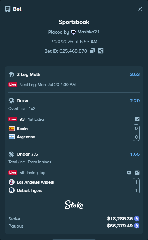 Bet slip: Spain - Argentina, $18,643.76 stake at 2.20 odds, placed by Mashko21