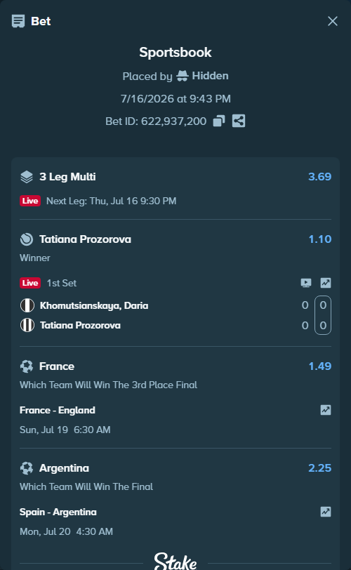 Bet slip: Spain - Argentina, $18,500.00 stake at 2.25 odds, placed by Hidden