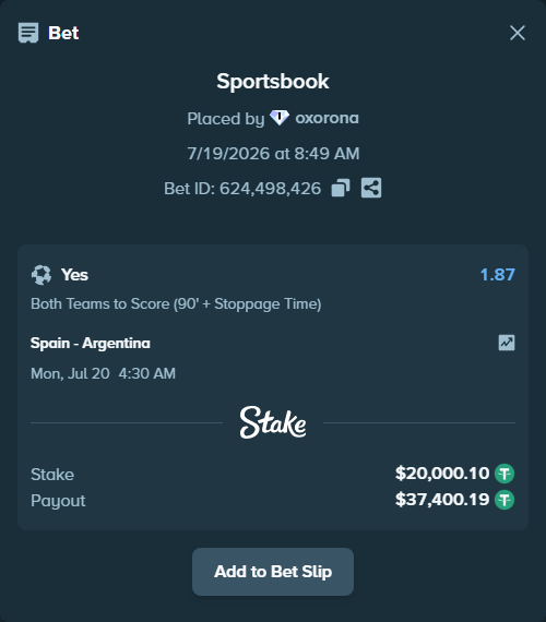 Bet slip: Spain - Argentina, $20,000.10 stake at 1.87 odds, placed by oxorona