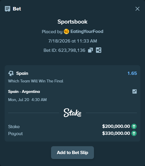 Bet slip: Spain - Argentina, $200,000.00 stake at 1.65 odds, placed by EatingYourFood