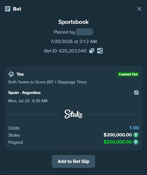 Bet slip: Spain - Argentina, $200,000.00 stake at 1.81 odds, placed by Cabrzy
