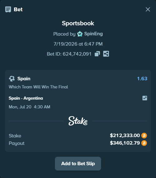 Bet slip: Spain - Argentina, $255,530.50 stake at 1.63 odds, placed by SpinEng