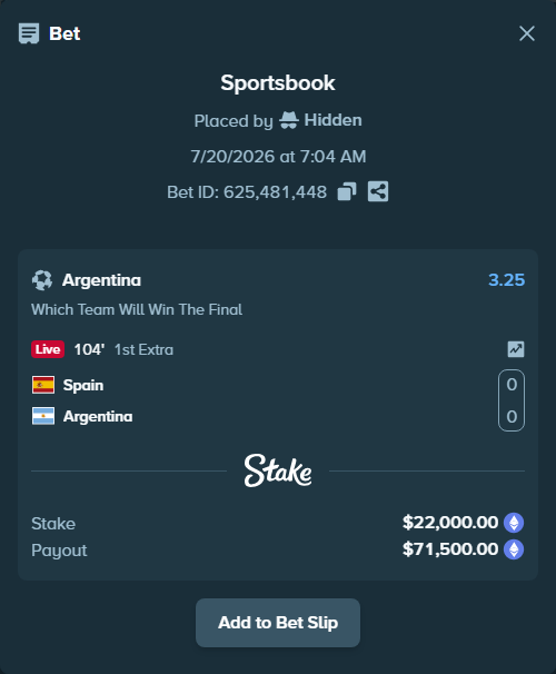 Bet slip: Spain - Argentina, $22,442.53 stake at 3.25 odds, placed by Hidden