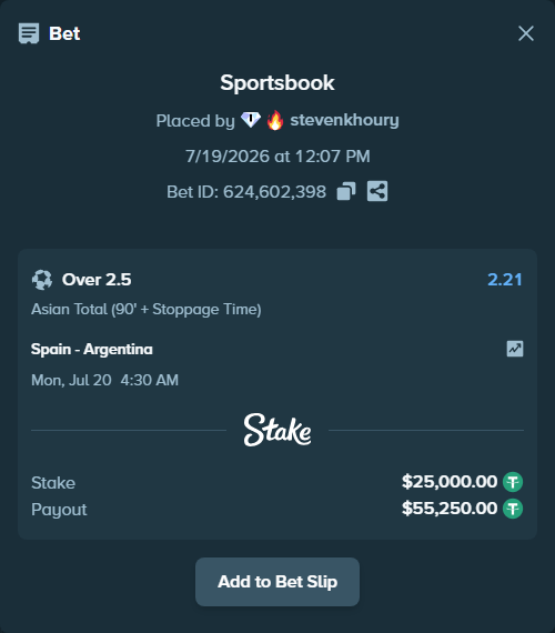 Bet slip: Spain - Argentina, $25,000.00 stake at 2.21 odds, placed by stevenkhoury