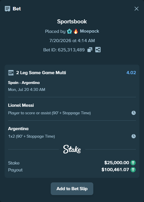 Bet slip: Spain - Argentina, $25,000.00 stake at 1.70 odds, placed by Moepack