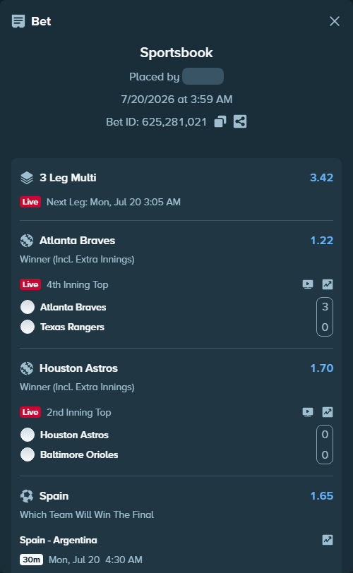 Bet slip: Spain - Argentina, $25,020.00 stake at 1.65 odds, placed by VadimKotlyar