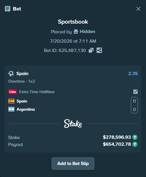 Bet slip: Spain - Argentina, $278,596.93 stake at 2.35 odds, placed by Hidden