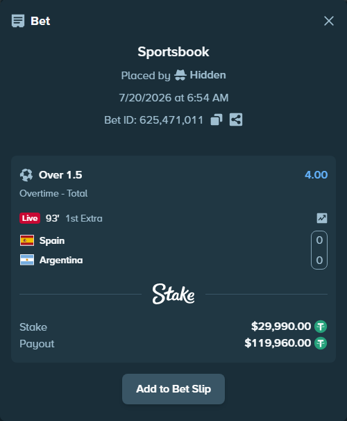 Bet slip: Spain - Argentina, $29,990.00 stake at 4.00 odds, placed by Hidden