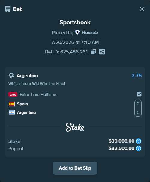 Bet slip: Spain - Argentina, $30,000.00 stake at 2.75 odds, placed by Hasse5