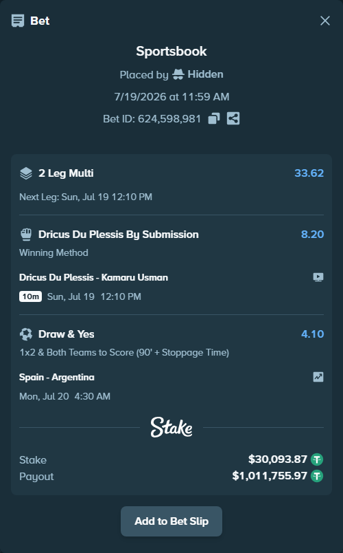 Bet slip: Spain - Argentina, $30,093.87 stake at 4.10 odds, placed by Hidden