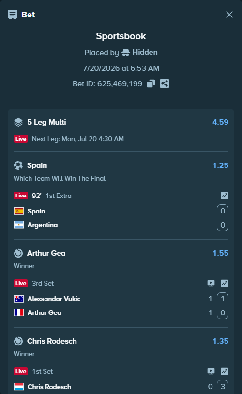 Bet slip: Spain - Argentina, $31,090.18 stake at 1.25 odds, placed by Hidden