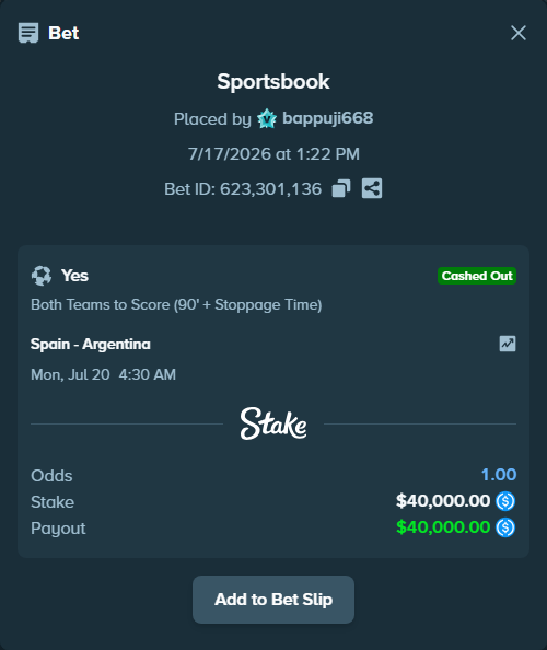Bet slip: Spain - Argentina, $40,000.00 stake at 1.87 odds, placed by bappuji668
