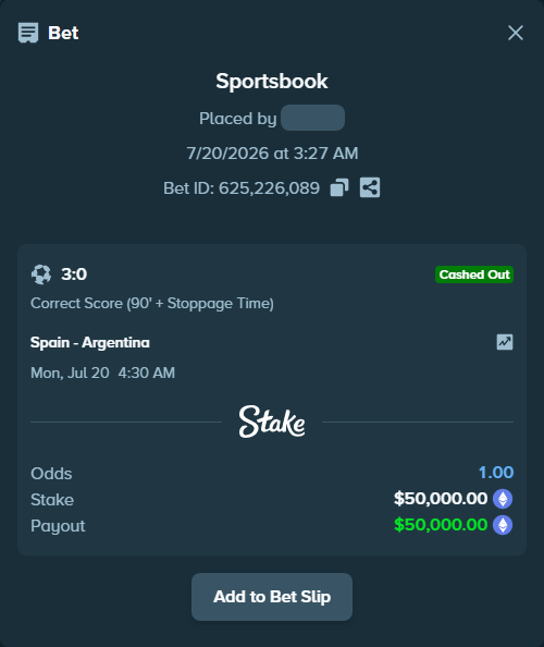 Bet slip: Spain - Argentina, $50,910.63 stake at 21.00 odds, placed by azosuka
