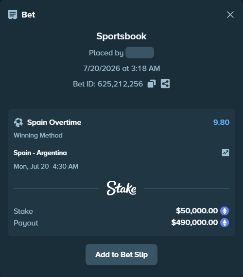 Bet slip: Spain - Argentina, $50,834.54 stake at 9.80 odds, placed by azosuka