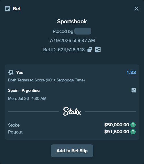 Bet slip: Spain - Argentina, $50,000.00 stake at 1.83 odds, placed by Bigfoltz