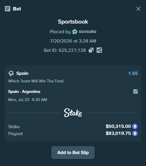 Bet slip: Spain - Argentina, $51,231.37 stake at 1.65 odds, placed by azosuka