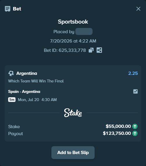 Bet slip: Spain - Argentina, $55,000.00 stake at 2.25 odds, placed by Rosspicks
