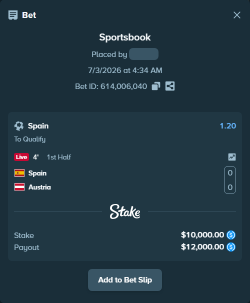 Bet slip: Spain - Austria, $10,000.00 stake at 1.20 odds, placed by reggieewellq