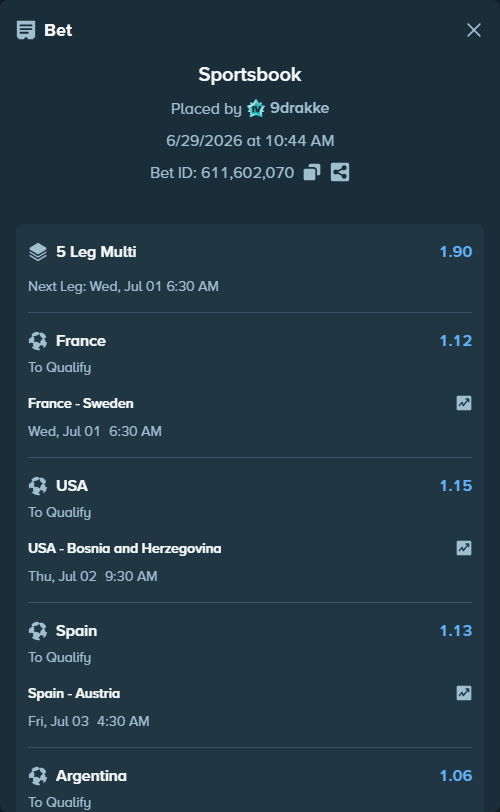 Bet slip: Spain - Austria, $10,022.97 stake at 1.13 odds, placed by 9drakke