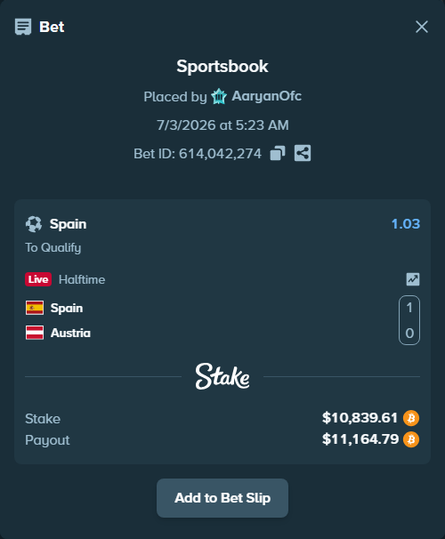 Bet slip: Spain - Austria, $11,071.33 stake at 1.03 odds, placed by AaryanOfc
