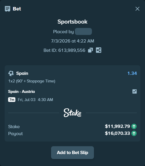 Bet slip: Spain - Austria, $12,004.78 stake at 1.34 odds, placed by ItsArsyk