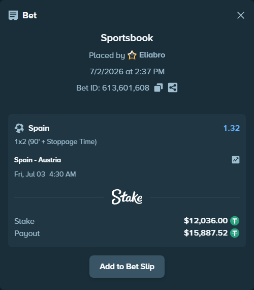 Bet slip: Spain - Austria, $12,048.04 stake at 1.32 odds, placed by Eliabro