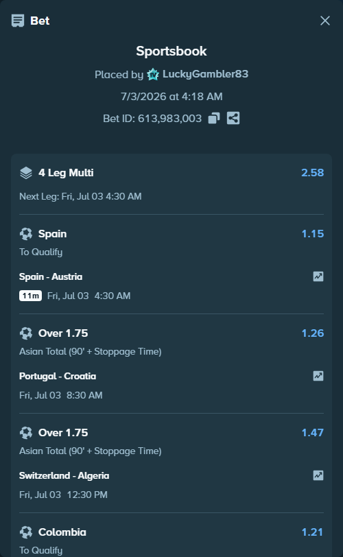 Bet slip: Spain - Austria, $25,035.16 stake at 1.15 odds, placed by LuckyGambler83
