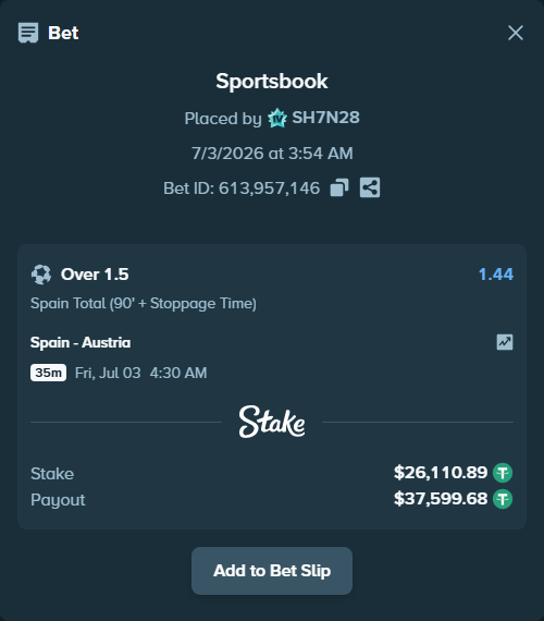Bet slip: Spain - Austria, $26,137.00 stake at 1.44 odds, placed by SH7N28