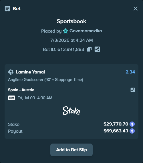 Bet slip: Spain - Austria, $31,344.15 stake at 2.34 odds, placed by Governomazika