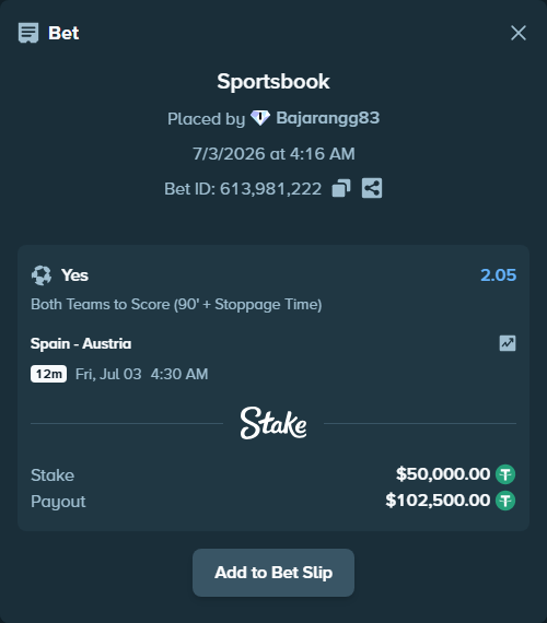 Bet slip: Spain - Austria, $50,050.00 stake at 2.05 odds, placed by Bajarangg83