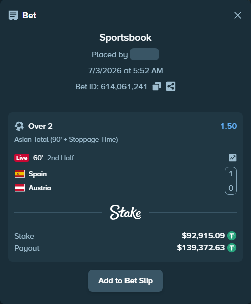 Bet slip: Spain - Austria, $93,008.00 stake at 1.50 odds, placed by GoldenKot