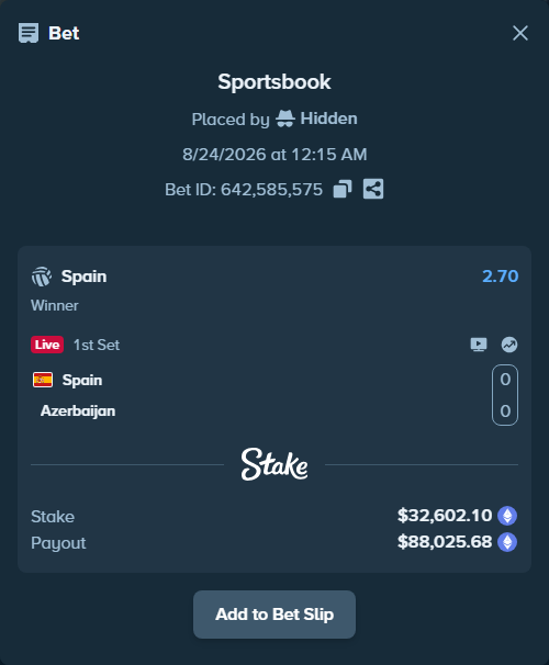 Bet slip: Spain - Azerbaijan, $32,706.23 stake at 2.70 odds, placed by Hidden