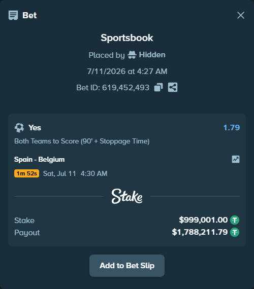 Bet slip: Spain - Belgium, $1,000,000.00 stake at 1.79 odds, placed by Hidden