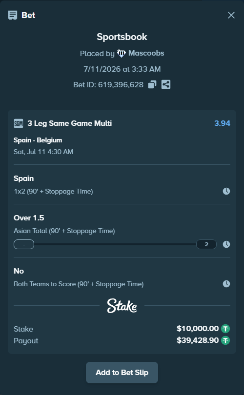 Bet slip: Spain - Belgium, $10,010.00 stake at 1.62 odds, placed by Mascoobs