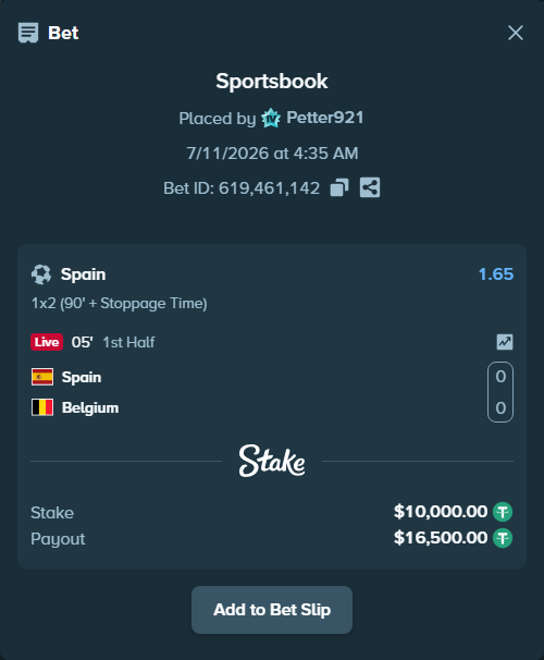 Bet slip: Spain - Belgium, $10,010.00 stake at 1.65 odds, placed by Petter921
