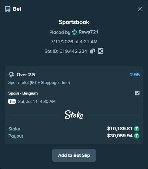 Bet slip: Spain - Belgium, $10,200.00 stake at 2.95 odds, placed by Rewş721