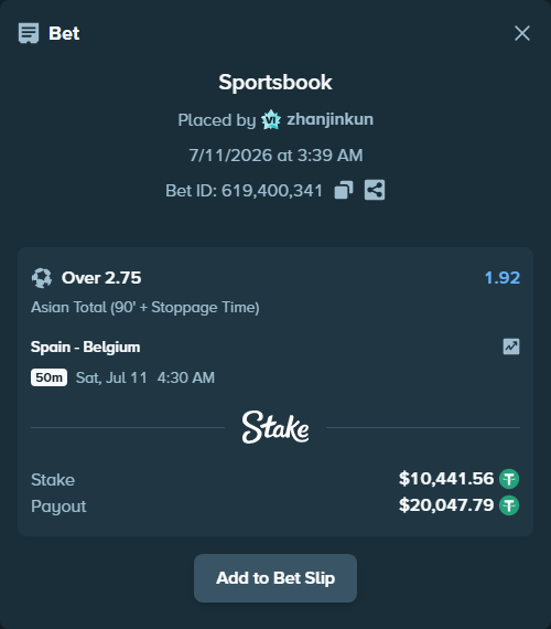 Bet slip: Spain - Belgium, $10,452.00 stake at 1.92 odds, placed by zhanjinkun