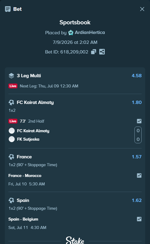 Bet slip: Spain - Belgium, $11,142.00 stake at 1.62 odds, placed by ArdianHertica
