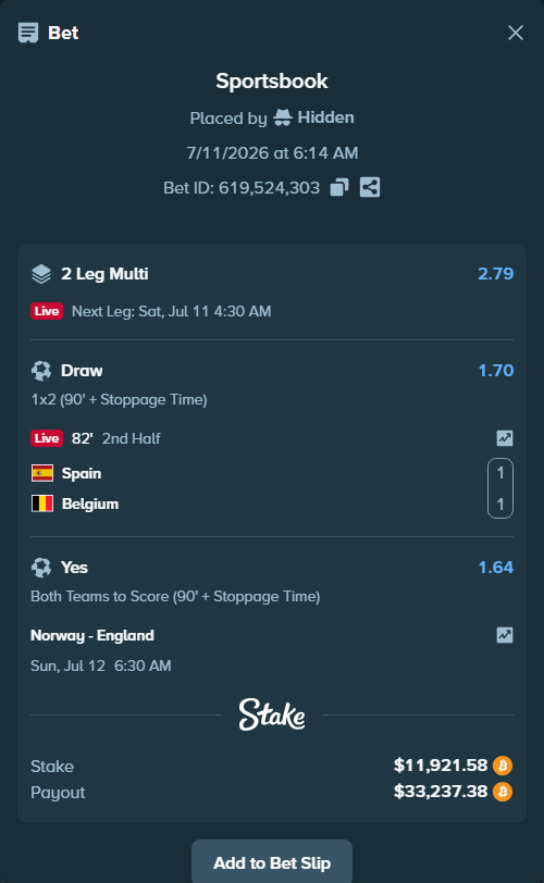 Bet slip: Spain - Belgium, $12,039.45 stake at 1.70 odds, placed by Hidden
