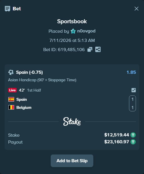 Bet slip: Spain - Belgium, $12,531.96 stake at 1.85 odds, placed by n0ovgod